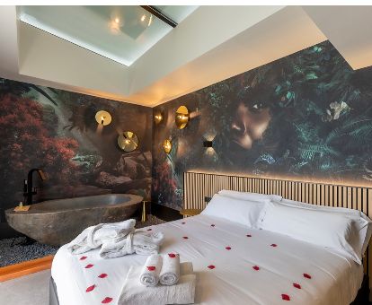 Una de las elegantes habitaciones con decoración romántica de este hotel solo para adultos.