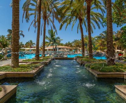 Exteriores de este hermoso hotel con un bello jardín tropical que se asemeja a un oasis de palmeras.