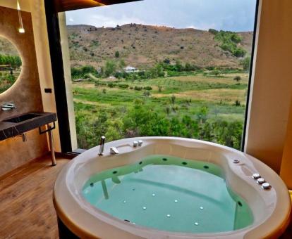 Foto de la bañera de hidromasajes con espectaculares vistas a la naturaleza de una de las casas de un dormitorio.