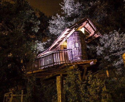 Maravillosa cabaña en los árboles con iluminación nocturna.