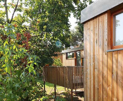 Una de las cabañas de madera elevadas de este alojamiento forestal.