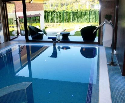 Foto de la piscina cubierta del spa con vistas al jardín.