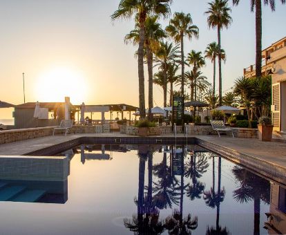 Agradable zona exterior con piscina y palmeras de este hotel en primera línea de playa.