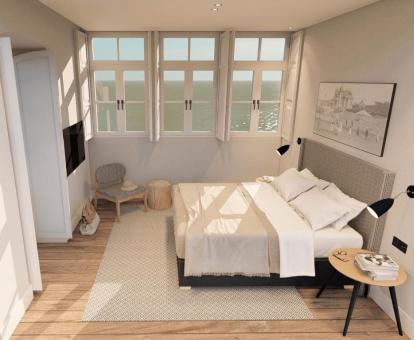 Foto del dormitorio con vistas al mar de uno de los apartamentos.