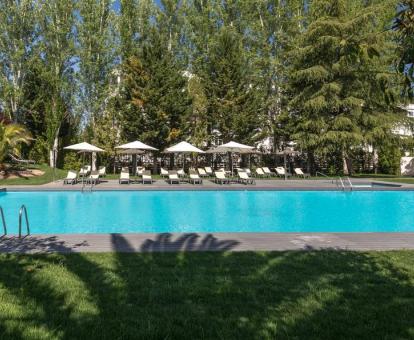 Foto de la piscina al aire libre con tumbonas rodeada de jardines.