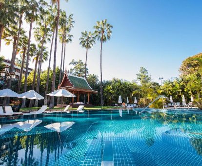 Fabulosa piscina exterior rodeada de palmeras de este moderno hotel ideal para parejas.