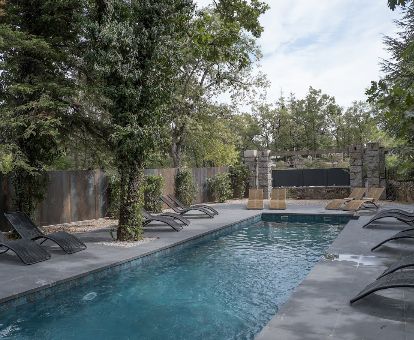 Maravillosa piscina con solarium rodeada de vegetación de este moderno hotel.