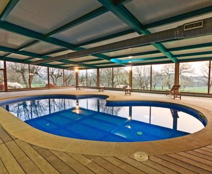 Foto de la piscina cubierta disponible todo el año con vistas a la naturaleza.