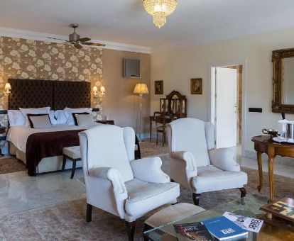 Amplia habitación de estilo tradicional con zona de estar de este maravilloso hotel para parejas.
