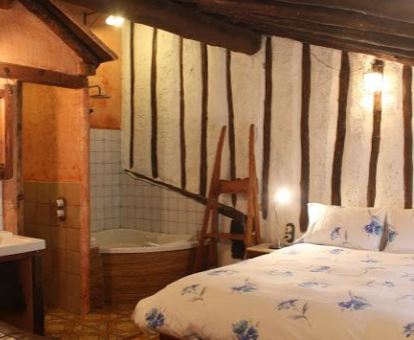 Foto del dormitorio con bañera de hidromasajes cerca de la cama.