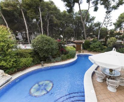 Foto de la piscina del alojamiento rodeada de jardines.