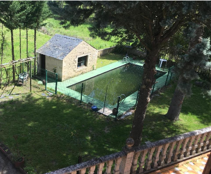 Piscina rectangular al aire libre ubicada en la arbolada de la Casa Rural Camino Medulas en Ponferrada