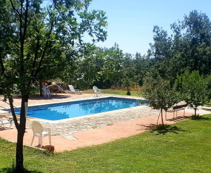 Piscina al aire libre rectangular con hermosa vista a la vegetación del lugar Casa Rural Colmenarejo en Cuacos de Yuste 