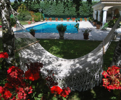 Hermosa piscina al aire libre rodeada por una diversidad de plantas, arboles y flores. Casa El Campillo Pelabravo