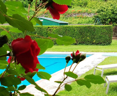 Piscina al aire libre acompañada de un amplio jardín muy colorido. Casa Rural El Caz en Trillo