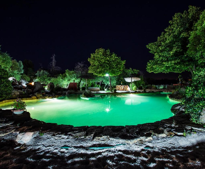 Piscina exterior al aire libre rodeada por hermosos arboles. Finca el Cerco en Argés