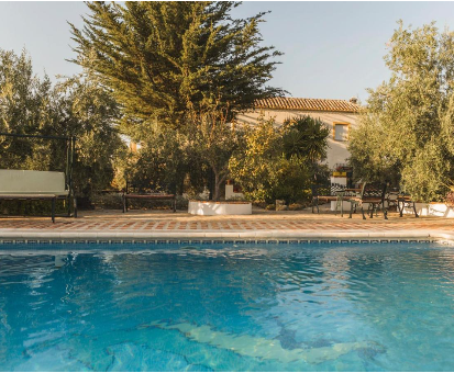 Piscina exterior rodeada de hermosos arboles y plantas Casa Rural Agroturismo Ecológico El Cortijillo en Luque