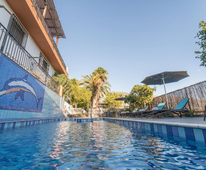 Hermosa piscina exterior rodeada de hermosas palmeras Alojamiento Rural El Valle en Dúrcal