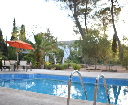 Piscina rectangular exterior situada al lado del jardín de la Casa Rural Herrera en Villacarrillo