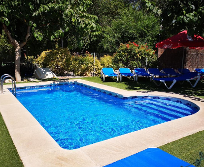 Piscina exterior rodeada de un hermoso jardín en la Casa Rural Huerto Del Abuelito Valdeganga