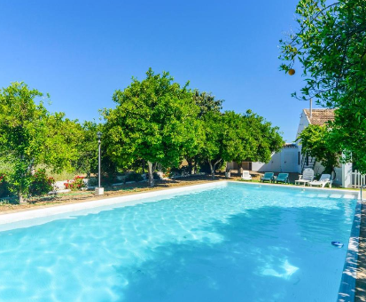 Piscina al aire libre ubicada en pleno centro del jardín de la casa rural La Pimentada Palma del Río