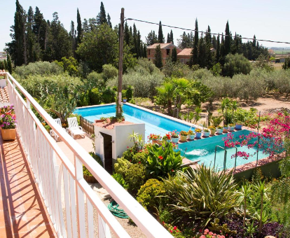 Piscina exterior situada en medio del jardin en el chalet Holiday Home Masia del Mosso Camarles