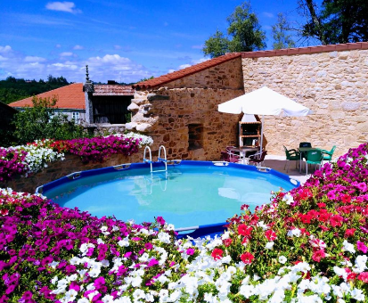 Piscina armable exterior rodeada de hermosas flores y plantas Casa do Campo en Silleda