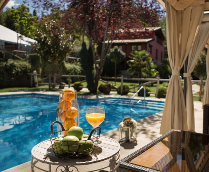 Hermosa piscina al aire libre cercada por hermosas plantas, flores y arboles de la Villa El Rincón de Castilla en Puerto de Béjar