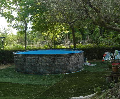 Piscina al aire libre rodeada por la hermosa naturaleza del lugar de la Casa Rural Torre de Campos en Ainzón