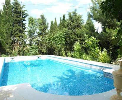 Piscina exterior cercada con impresionantes arboles y plantas Cortijo Villa Paraiso en Illora