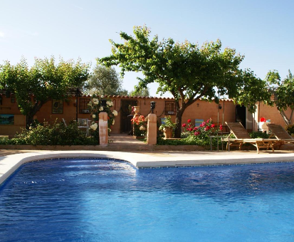 Piscina al aire libre rodeado de hermosas flores coloridas de la Casa Rural Entre Volvanes de Almagro