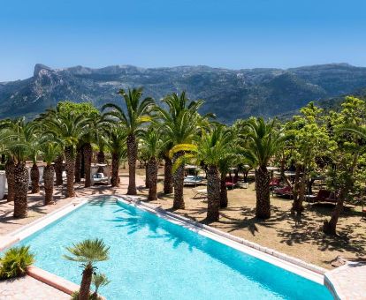 Piscina exterior rodeada de palmeras con vistas a las montañas de este hotel rural.