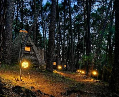 Uno de los hermosos tipis en medio del bosque de este glamping ideal para estancias en pareja.