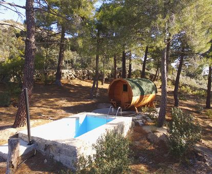 Acogedor espacio de bienestar en plena naturaleza con una pequeña piscina y sauna en forma de barril de este hotel rural.