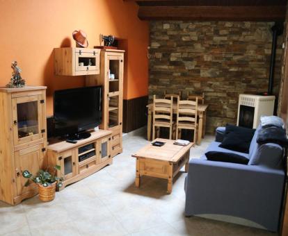 Foto de la acogedora zona de estar con televisión y chimenea de la casa.