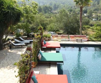 Foto de la amplia piscina al aire libre rodeada de naturaleza y disponible todo el año del alojamiento.