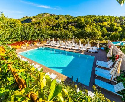 Amplia piscina exterior rodeada de tumbonas y vegetación de este acogedor hotel ideal para parejas.