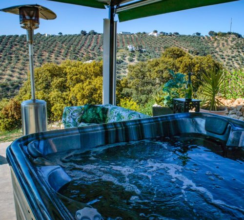 Foto del jacuzzi que se encuentra junto a la casa bajo un techado con vistas al campo en el Cortijo El Chaparro