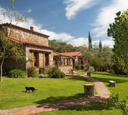 Foto desde los jardines con la casa Molino Rio Alajar al fondo donde se puede ver el acabado en piedra de su exterior y el césped y árboles de los alrededores.