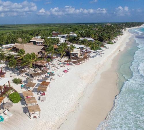 Vista desde el cielo donde se puede ver el hotel La Zebra a Colibri Boutique junto a la selva enfrente del mar junto a la playa de arena blanca
