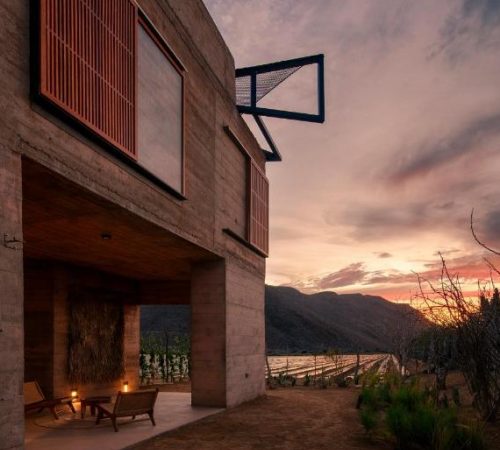 Foto del atardecer desde la terraza del Paradero Todos Santos - Experience Inclusive rodeado de cultivos y vegetación.